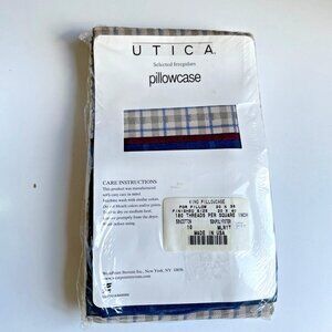Vintage Stevens Utica Pillowcases King Size Set of 2 Beige Navy Check 40X20" NOS